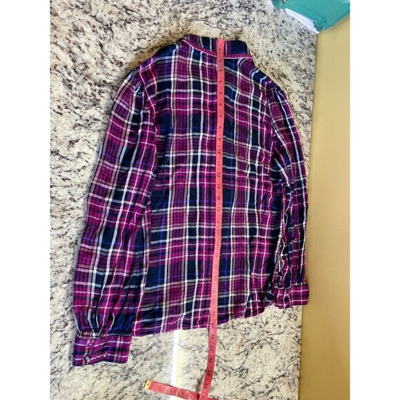 Chicos Womens Shirt Small Ruffled Purple Black Plaid Button-Up Preppy Academia - Picture 7 of 8